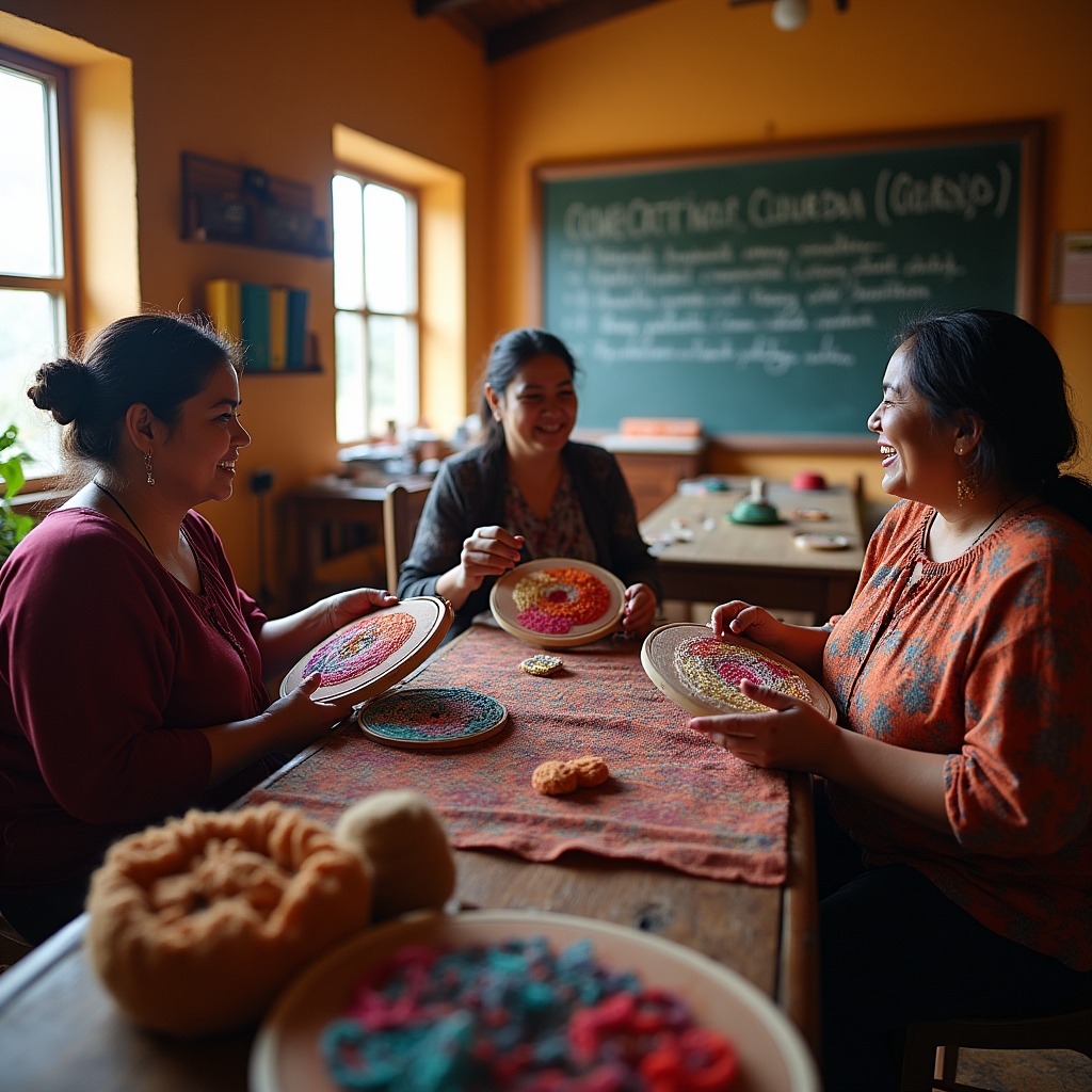 Women embroidering in a cooperative setting